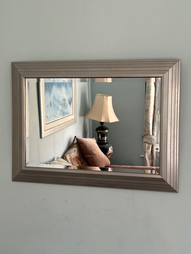 Silver Stepped Framed Bevelled Mirror can be hung either way H26in/66cm W37in/94cm  D285