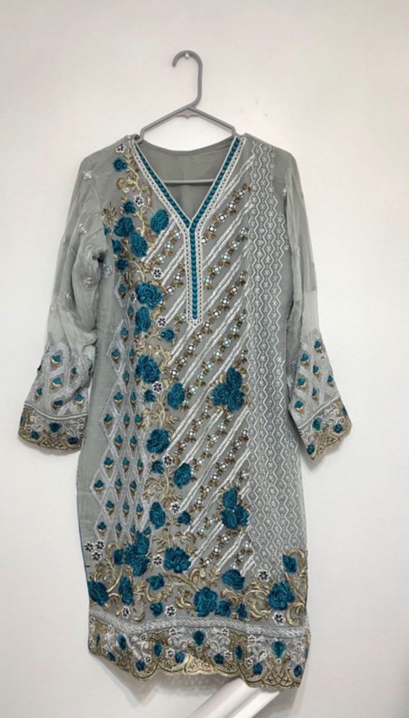 Beautiful Grey Indian/Pakistani Suit with Blue and Gold Embroidery