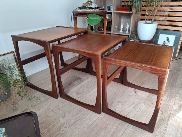 A lovely set of three vintage wooden Gplan quadraline nesting tables