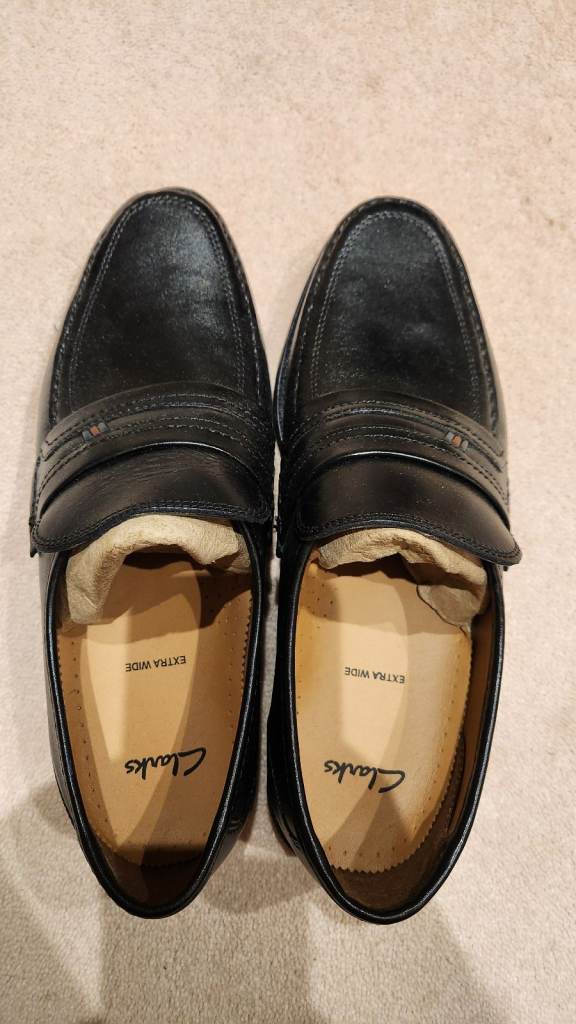Brand new Clarks men's black dress shoes, UK size 7.5, extra wide fit