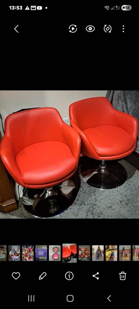 6 Red Leather Swivel Chairs with Chrome Bases