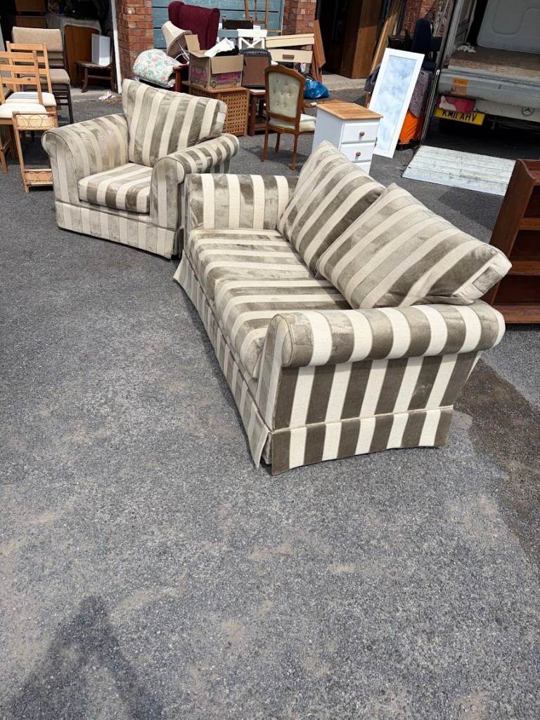 Beige & Taupe Striped 2 Seater Sofa and Matching Armchair Suite