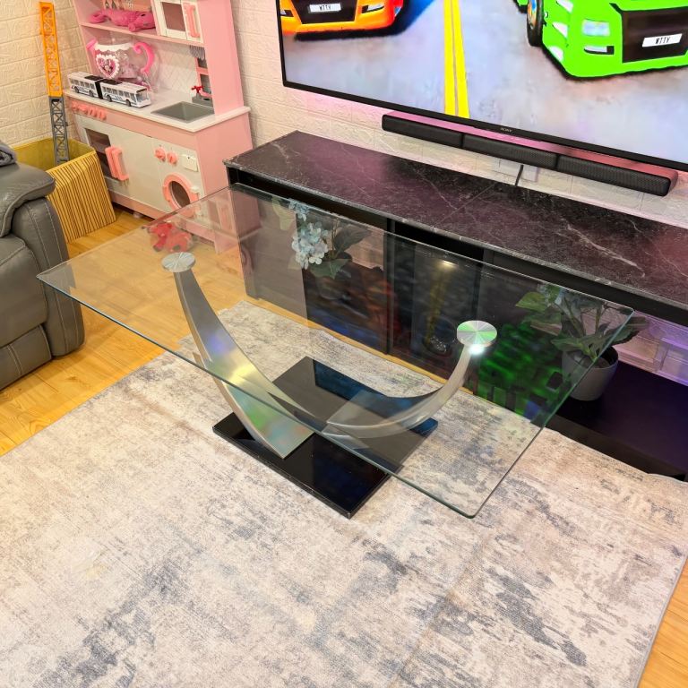 Modern Large Glass Coffee Table, Curved Chrome Metal Base, Designer Living Room Table
