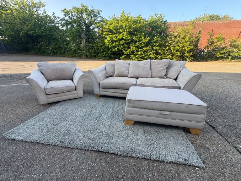 Beige 3 Seater and Armchair Set W/ Matching Ottoman Foostool DELIVERY AVAILABLE!