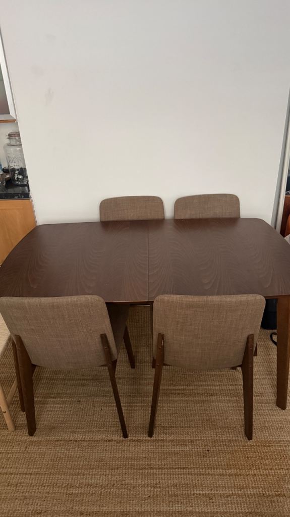 Extending Dining Table & 4 Chairs Set - Solid Wood, Walnut 