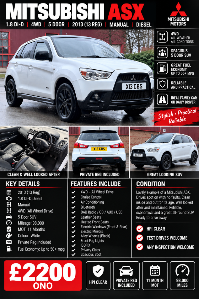 Mitsubishi, ASX, Hatchback, 2012, Manual, 1798 (cc), 5 doors
