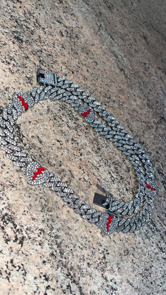 New Silver-Tone Iced Out Chain with Red Accents