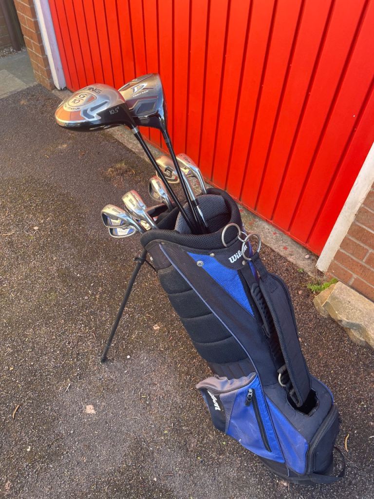 Gold clubs and trolley/bag and balls 
