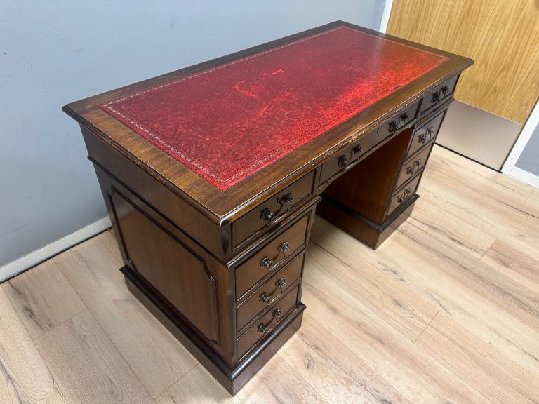 Antique Style Captains Bankers Desk  Oxblood Leather Twin Pedestal Partners #48