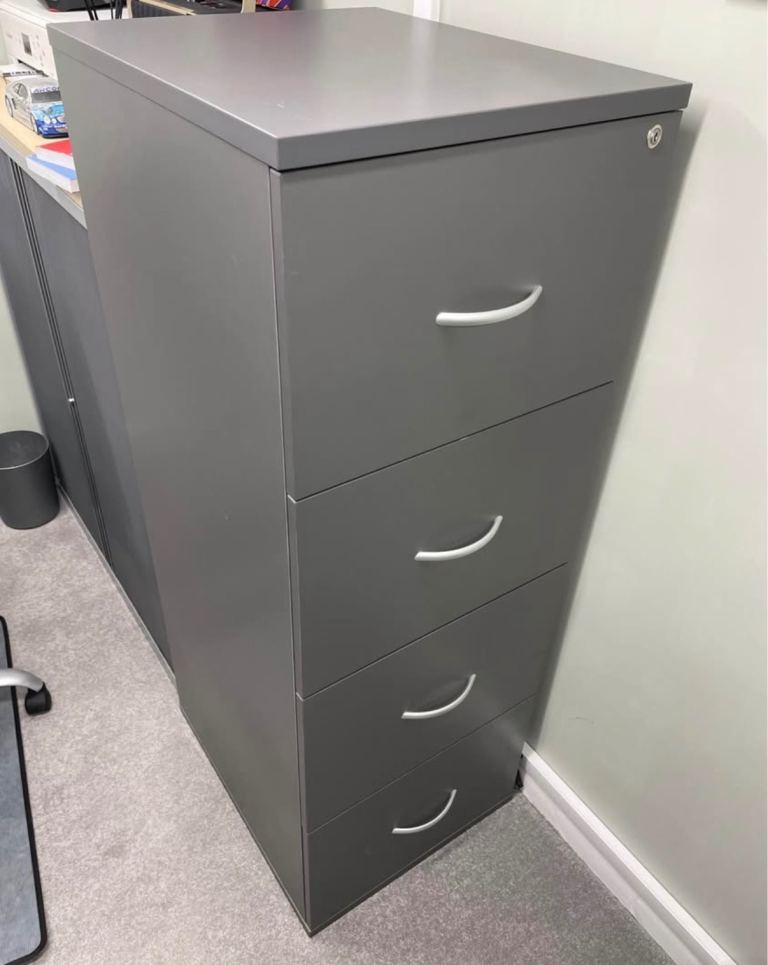 Grey Filing Cabinet with Four Drawers and Key