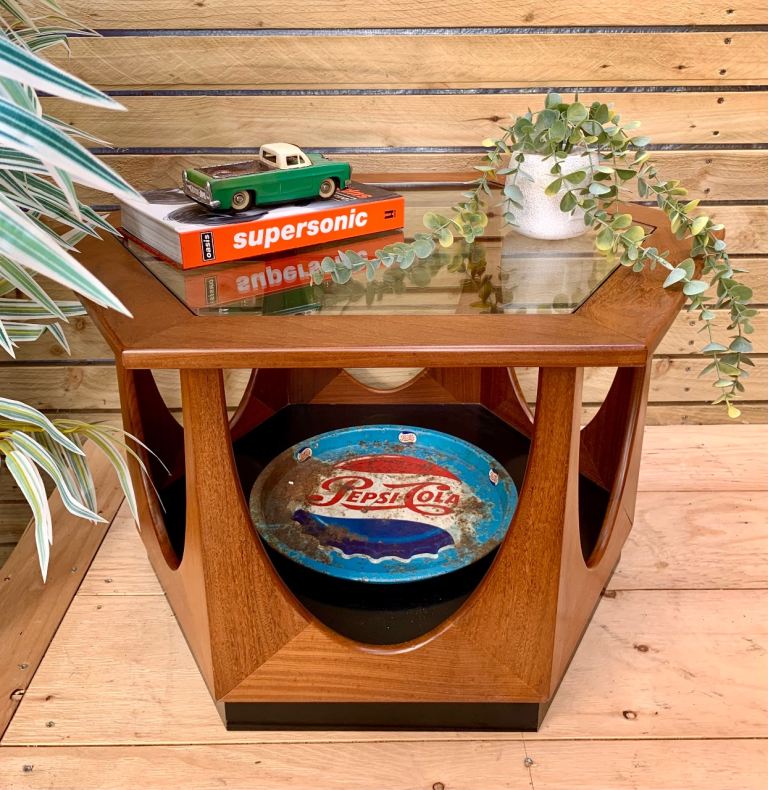 Vintage G-Plan Mid Century Modern Hexagonal Teak Wood & Glass Coffee Table 60s 70s