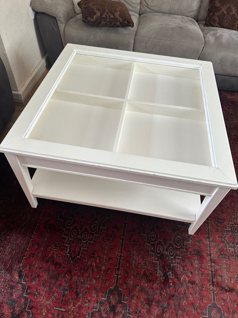 White Coffee Table with Glass Top & Storage