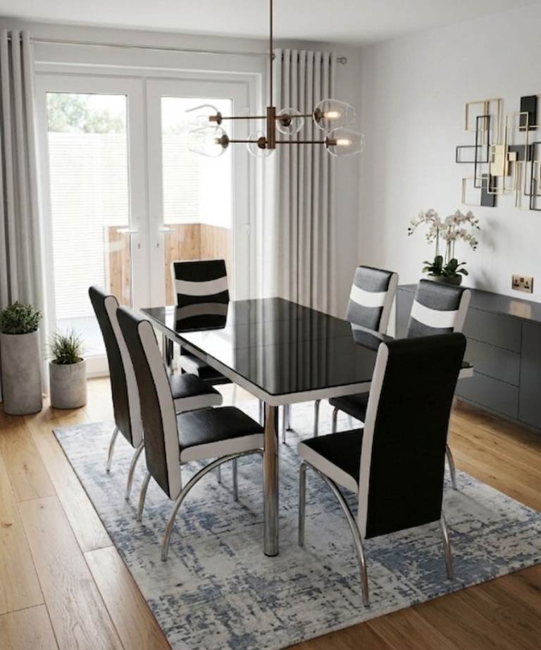 Modern Black Glass Dining Table with 6 Chairs