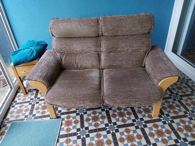 Two-Seater Brown Fabric Sofa – Good Condition