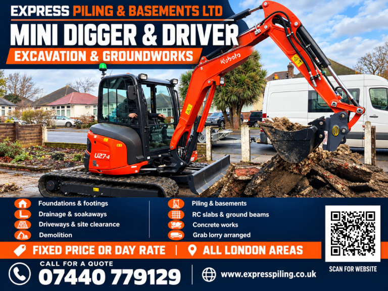 Mini Digger Hire London | Man and Digger | Excavator Hire with Driver | Groundworks