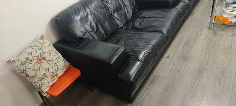 Real Leather Corner Sofa, 2 Seater + 1 Seater Black Leather Sofa