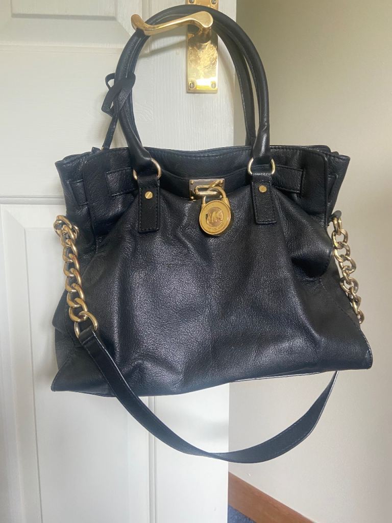 Michael Kors Black Leather Handbag with Gold Chain Detail