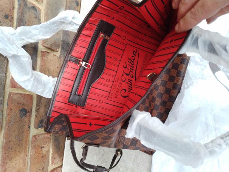 louis vuitton damier ebene neverfull canvas handbag red