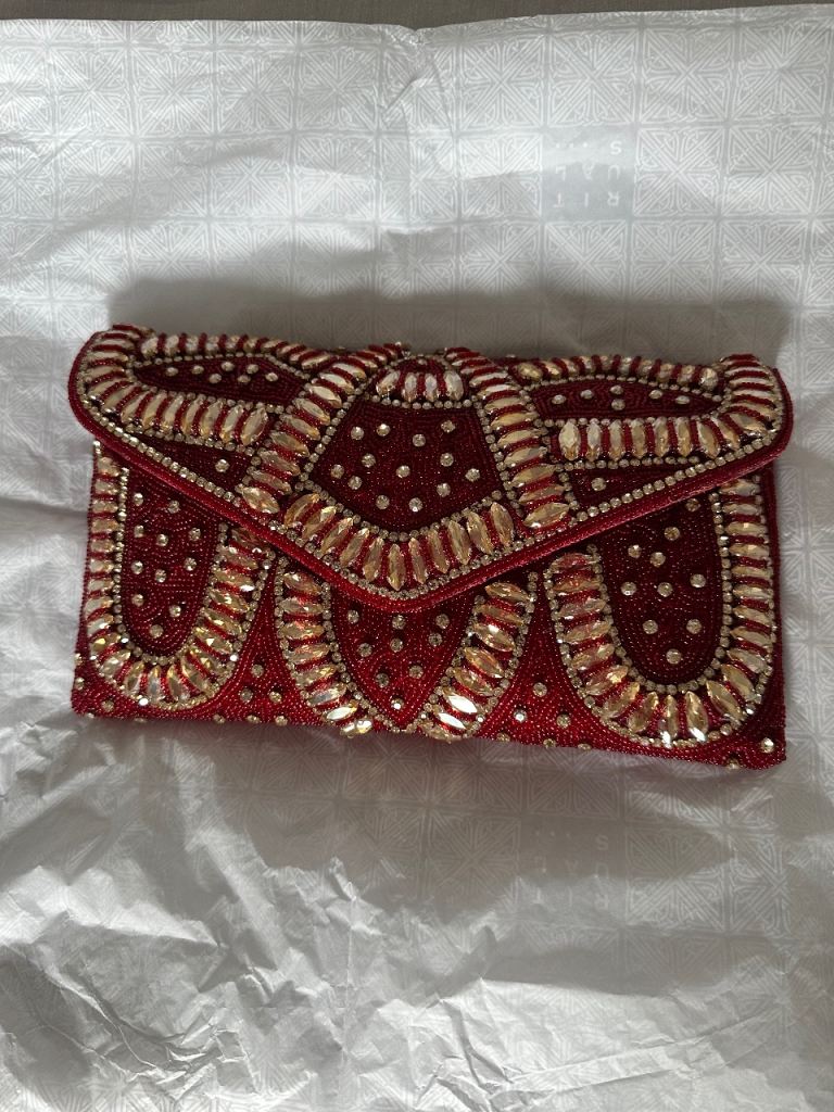 Red Beaded Clutch Bag with Gold Embellishments – As Good As New