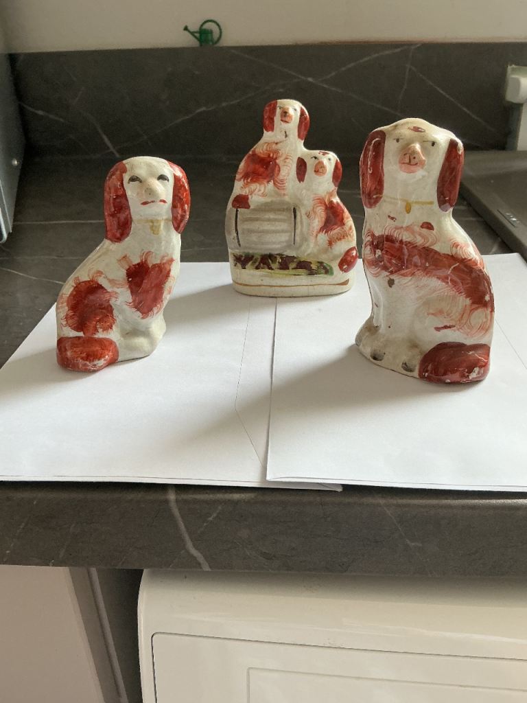 Three Vintage Ceramic Spaniel Dog Figurines – Red and White