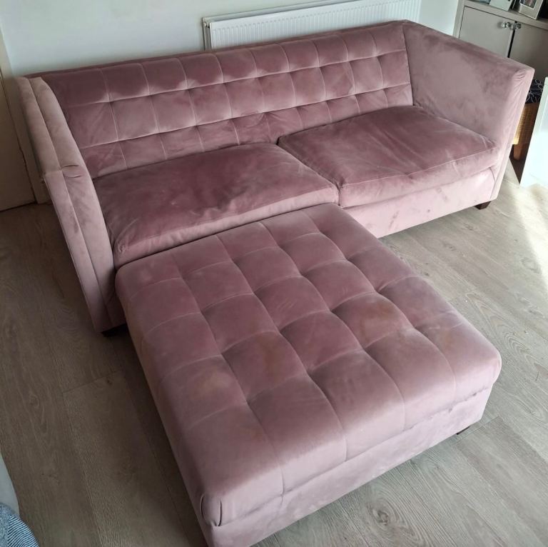 Upholstered London 3 Seater Sofa and pouffe in Brussels Rosewood Velvet 