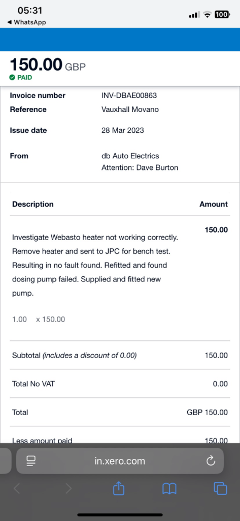 Webasto diesel heater for van/camper/caravan