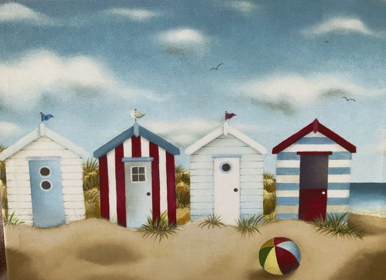 Beach hut block print picture