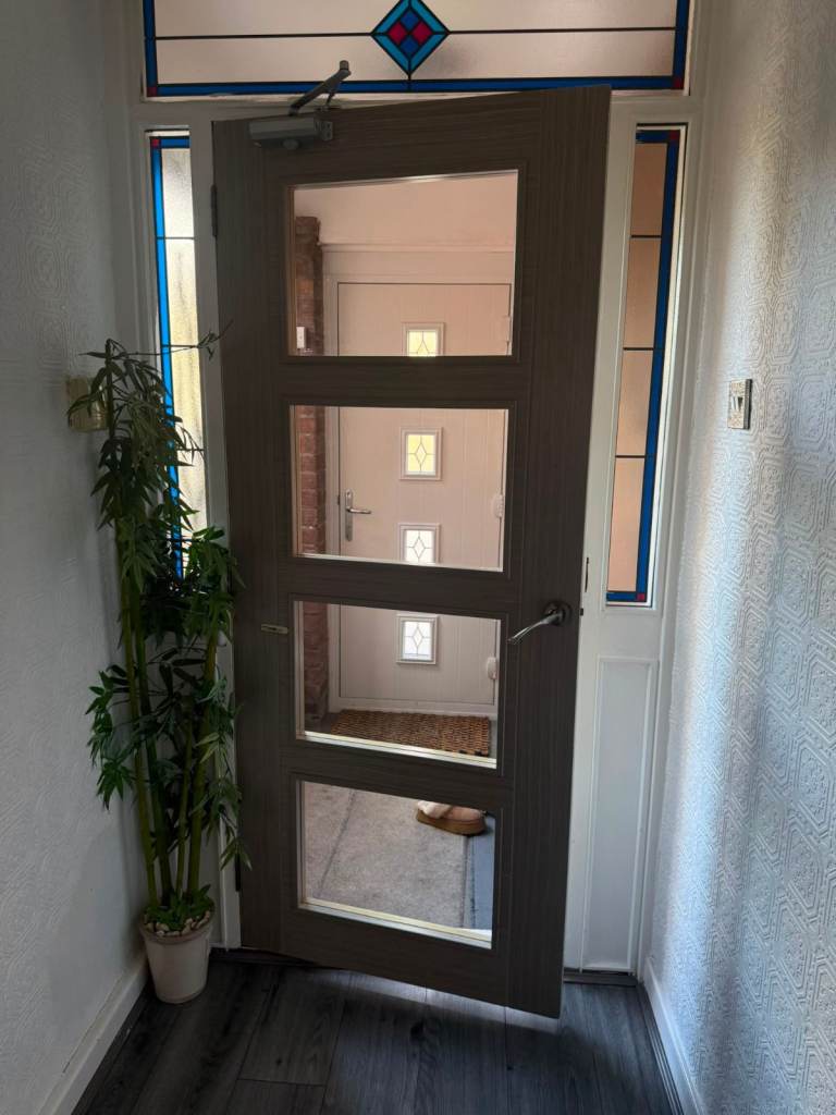 Internal Grey Wood Effect Door with Glass Panels and Handle