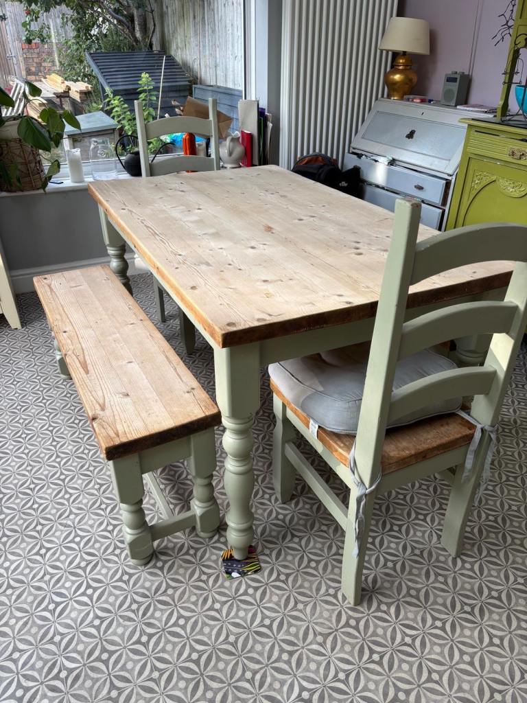 Wooden dining table with chairs and benches 
