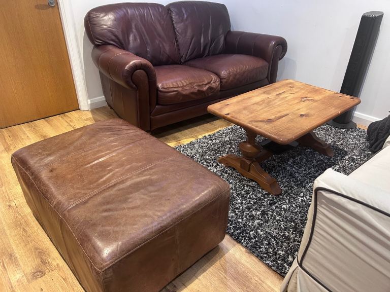 Cosy Brown Leather Two-Seater Sofa – Fair Condition