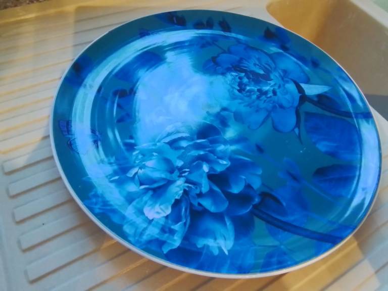 Plate Large Serving Plate In Blue Ceramic with Butterfly & Flower Design 