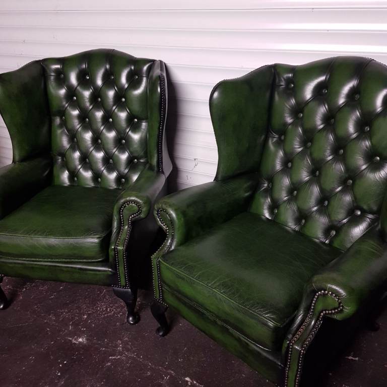 MATCHING Pair Green Leather QUEEN ANNE Chesterfield Wingback arm chairs -FAB