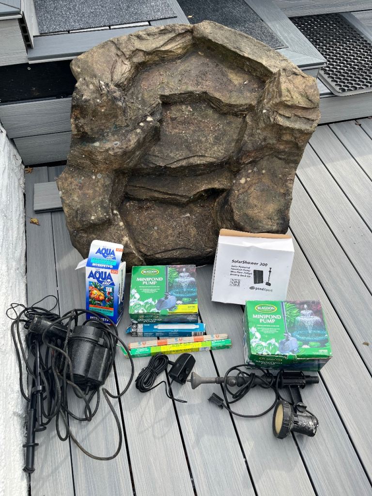 Pond pumps, lights and fountains and resin steps