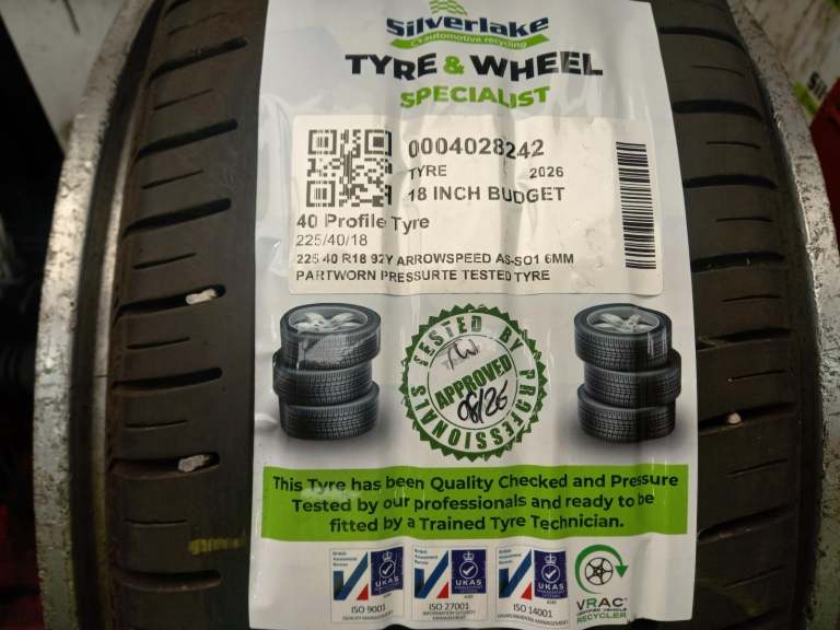 225 40 R18 92y Arrowspeed As-So1 6mm Partworn Pressurte Tested Tyre
