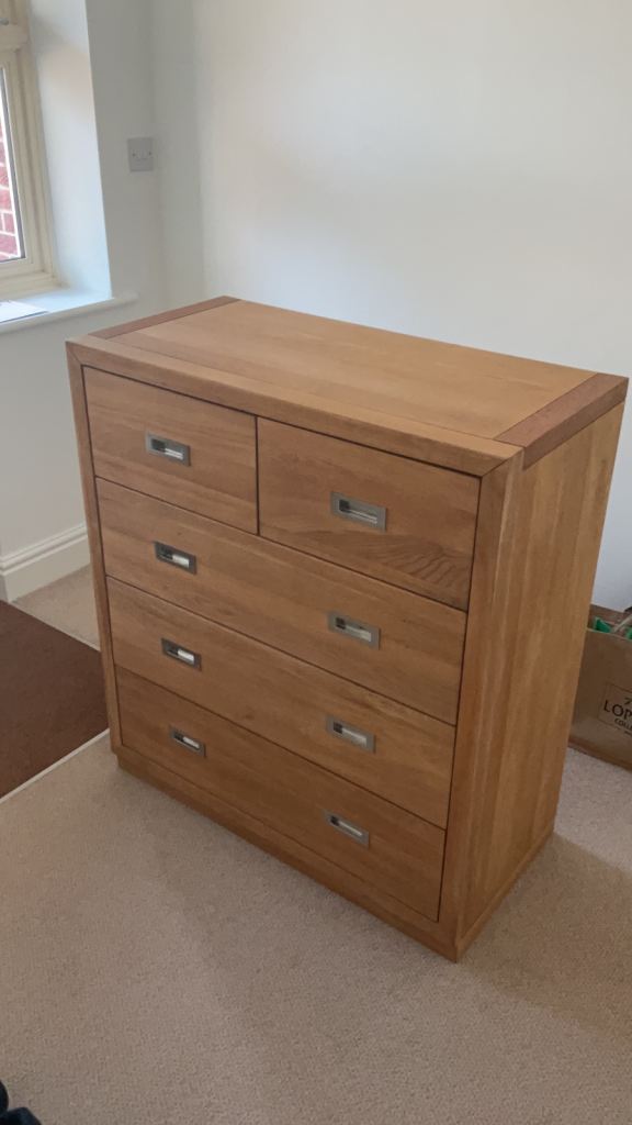 Solid Oak Wood Chest of Drawers with Metal Handles – Good Condition