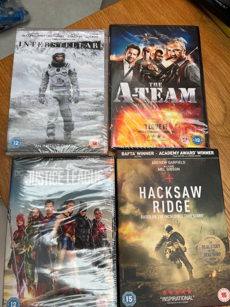 NEW DVD Movie Bundle - Interstellar, The A-Team, Justice League, Hacksaw Ridge