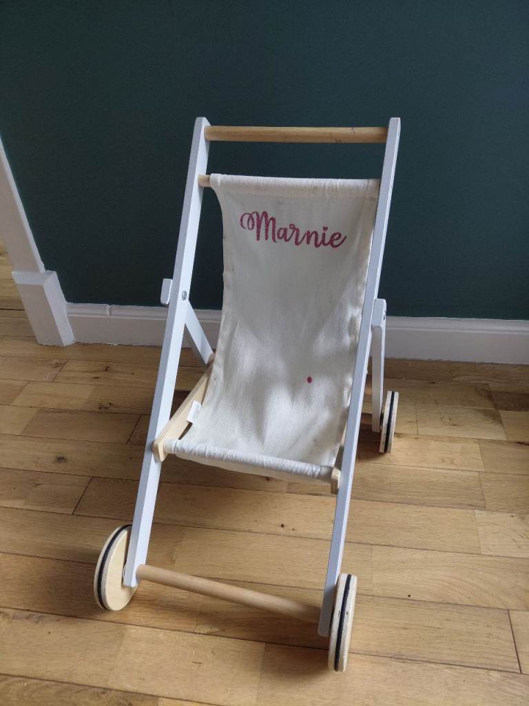 White Wooden Doll's Pushchair with 'Marnie' Embroidery