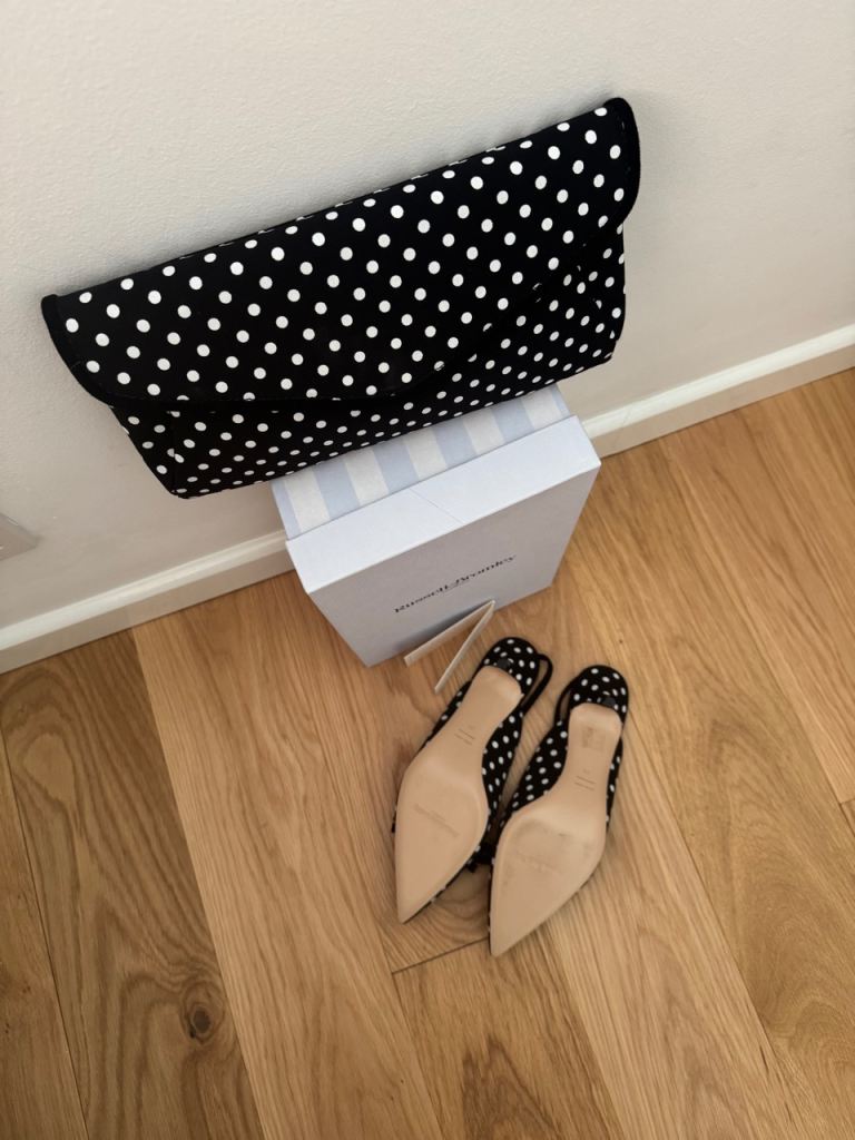 Black Polka Dot Heels and Matching Clutch Bag 