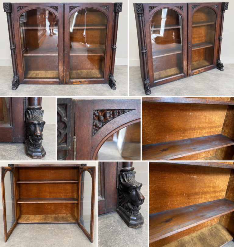 Antique Carved Mahogany Glazed Bookcase / Display Cabinet – wolf feet