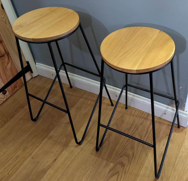 Pair of Wooden Top Bar Stools with Black Metal Legs