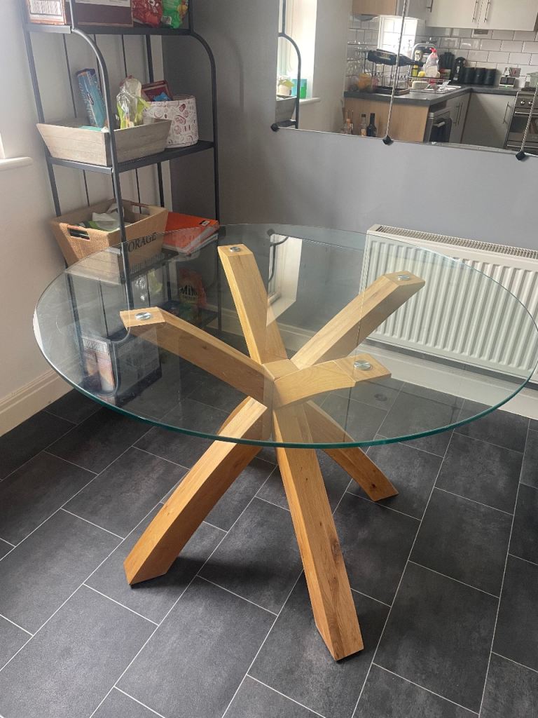 Glass Top Dining Table with Solid Wood Base – Good Condition