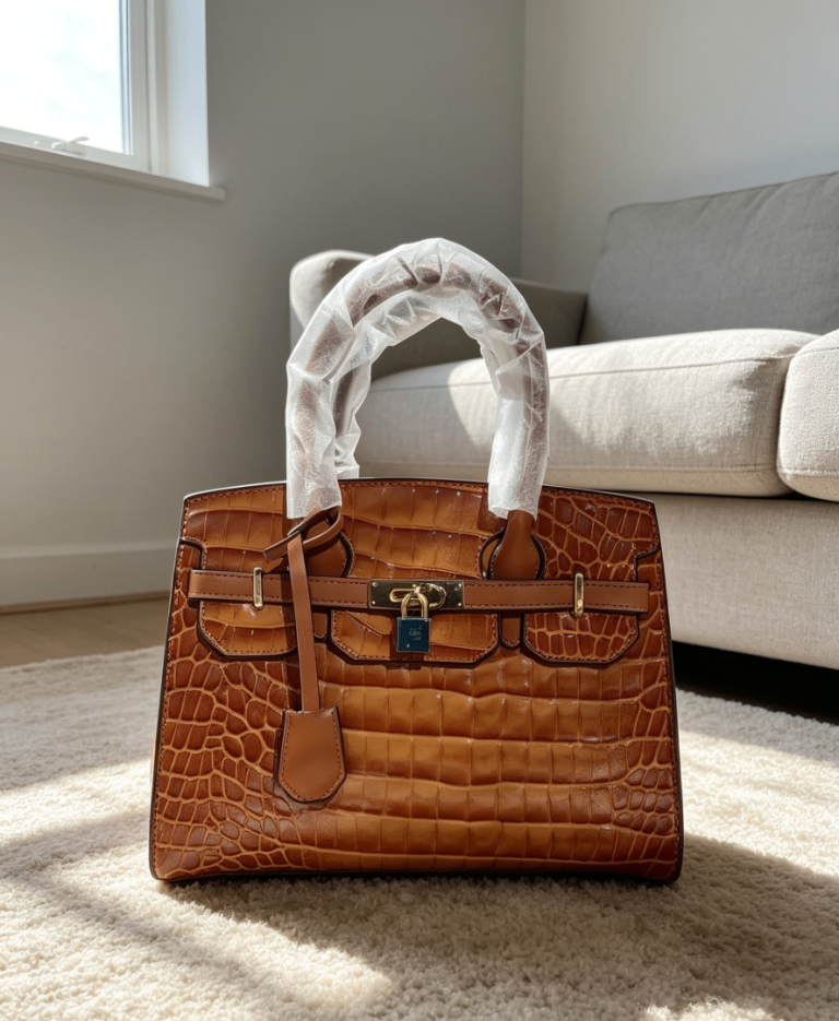 Brand New Cognac Croc-Effect Structured Handbag | Detachable Strap