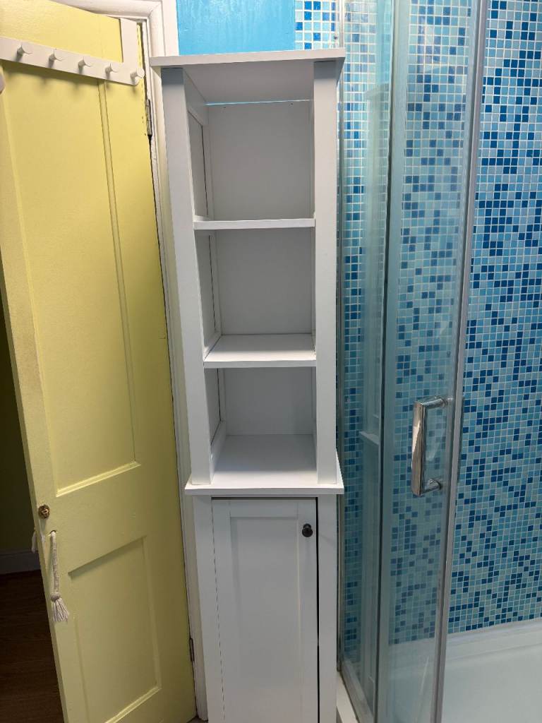 White Bathroom Storage Cabinet with Shelves and Cupboard