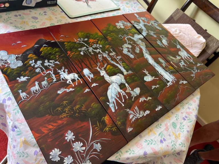 4 x traditional Chinese lacquer on wood vertical paintings