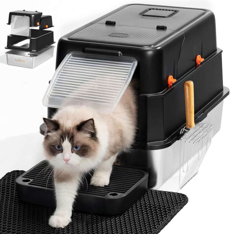 Stainless Steel Cat Litter Tray with Lid Large Hooded High Sided Scoop Mat