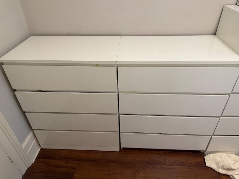 Two IKEA Malm White Chest of 4 Drawers - shiny and matte - £25 each or $£40 for the set