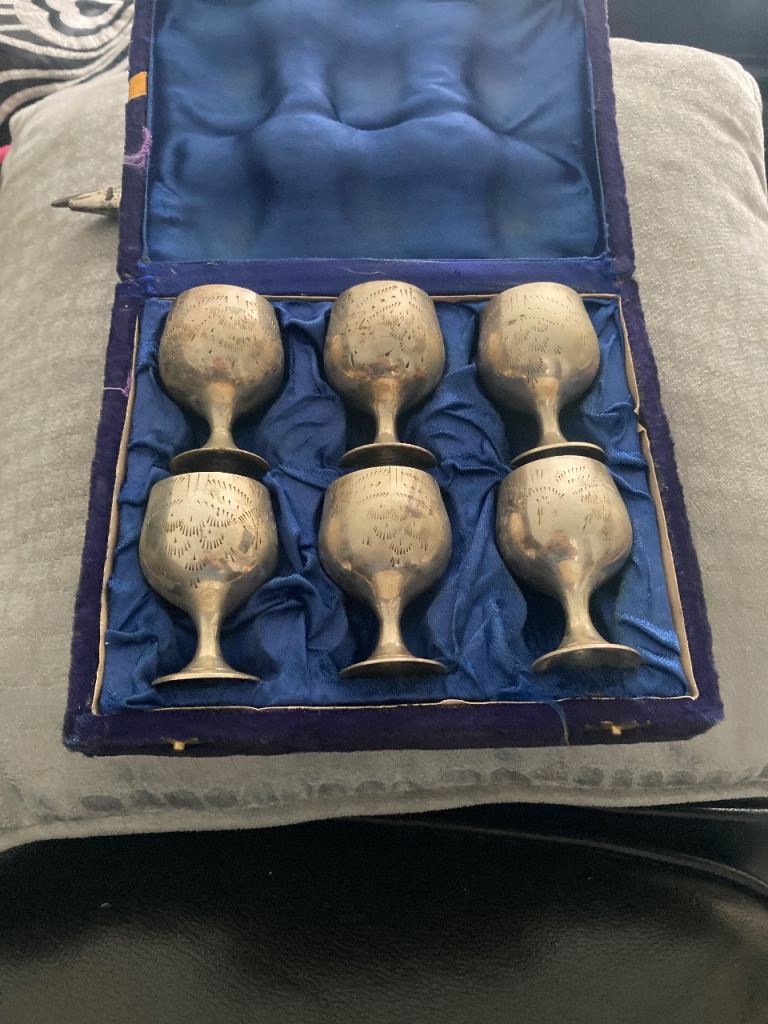 Vintage Silver Goblets Set of 6 in Blue Velvet Box