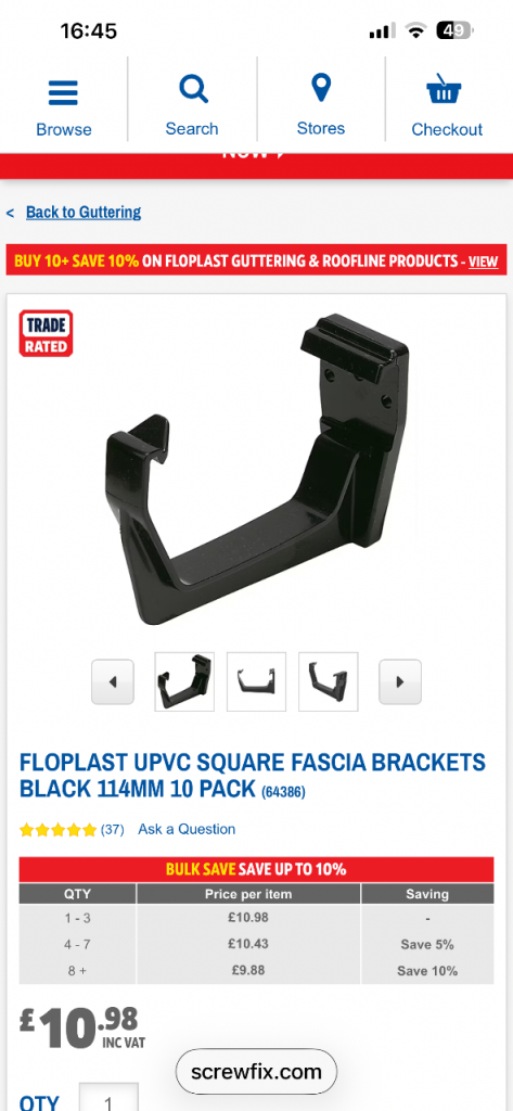 Floplast UPVC Square Fascia Brackets - Black, pack of 4 114mm