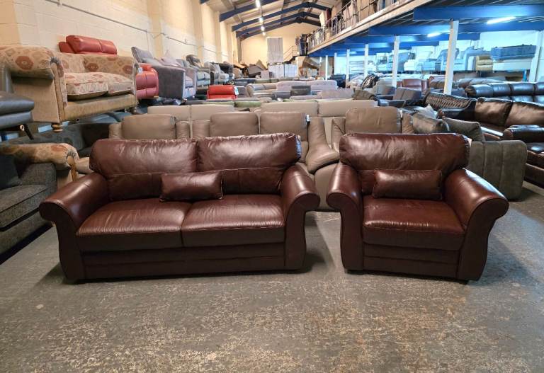 Ex-display Vantage brown leather 3 seater sofa and armchair