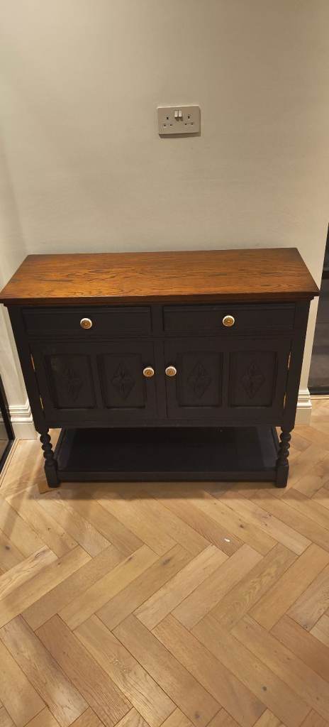 Upcycled side board unit. Blue/black with natural wooden top. Wx107cm, Dx41cm, Hx92cm